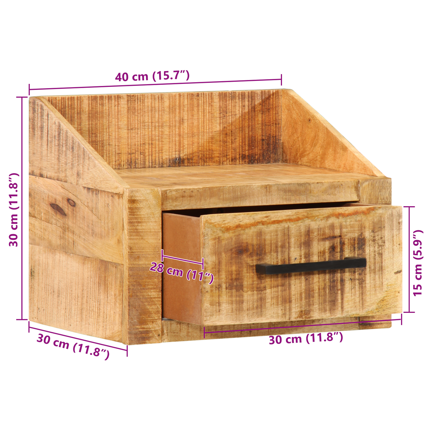 Nachttisch 40x30x30 cm Massivholz Rohes Mango