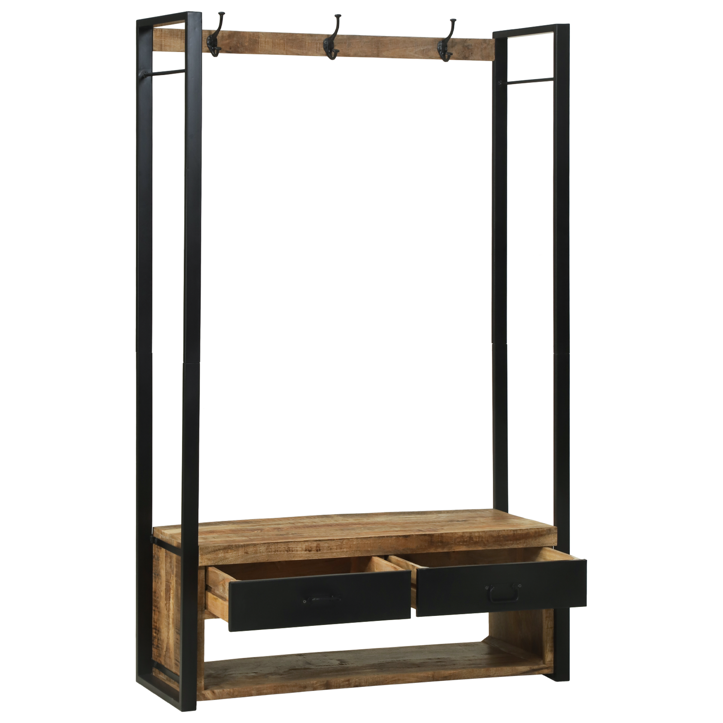 Kleiderständer mit Haken und Regalen 110x40x179 cm Massives raues Mangoholz