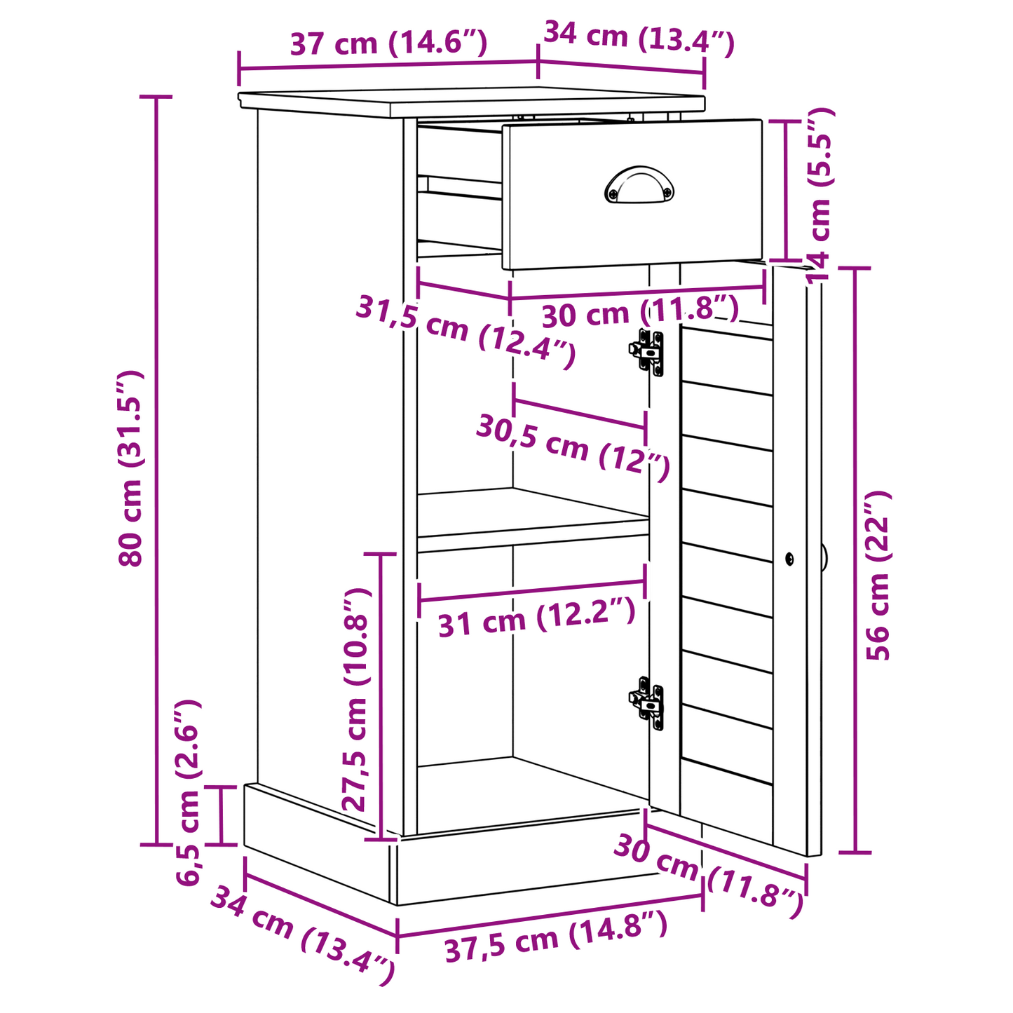 Badezimmerschrank 'VIGO'mit Schublade 37x34x80 cm aus Massivholz